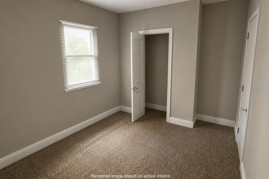 This is a rendering of a bedroom with beige walls, brown carpet, and two doors — 10301 AUSTRINA OAK LOOP, WINTER GARDEN, FL