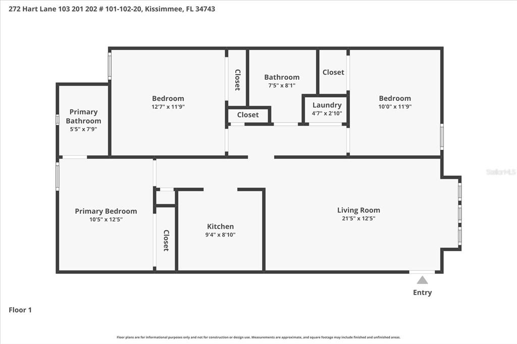 This is a floor plan for a residential unit with two bedrooms and two bathrooms — 272 HART LANE, KISSIMMEE, FL