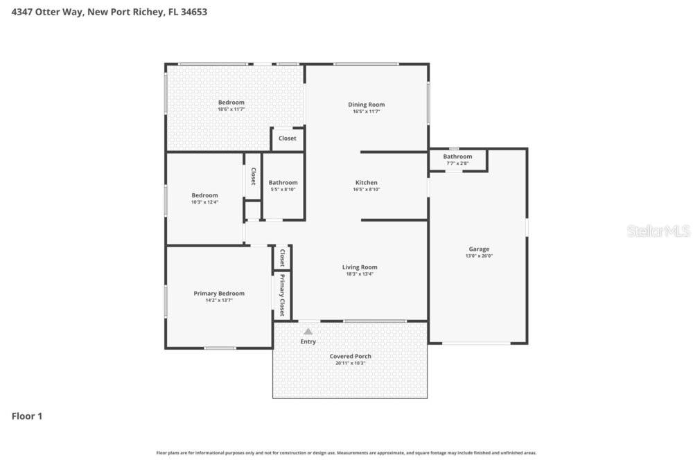 This is a floor plan for a single-story house with three bedrooms and a garage — 4347 OTTER WAY, NEW PORT RICHEY, FL