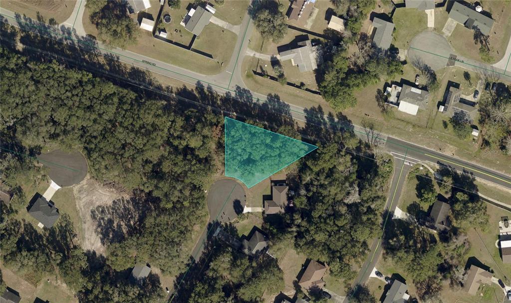 This is an aerial view of a wooded, triangular-shaped residential lot — SPRING LOOP DRIVE, OCALA, FL