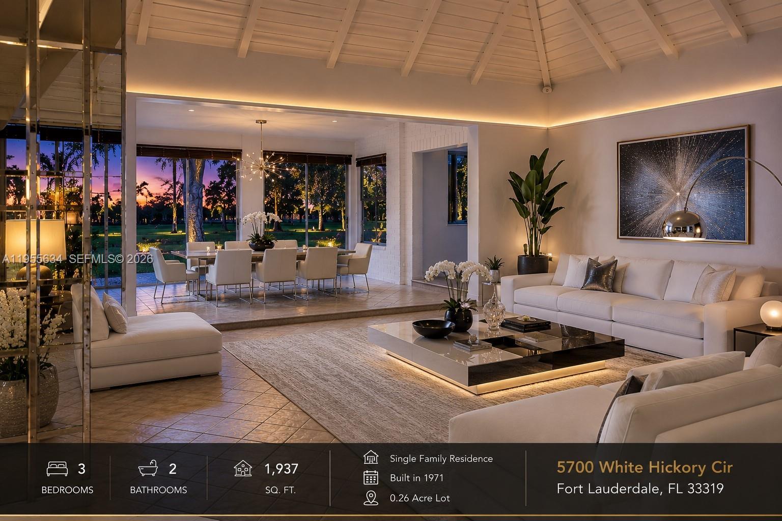 This interior rendering shows a modern living and dining area with vaulted ceilings and floor-to-ceiling windows — 5700 White Hickory Cir, Tamarac FL 33319, TAMARAC, FL