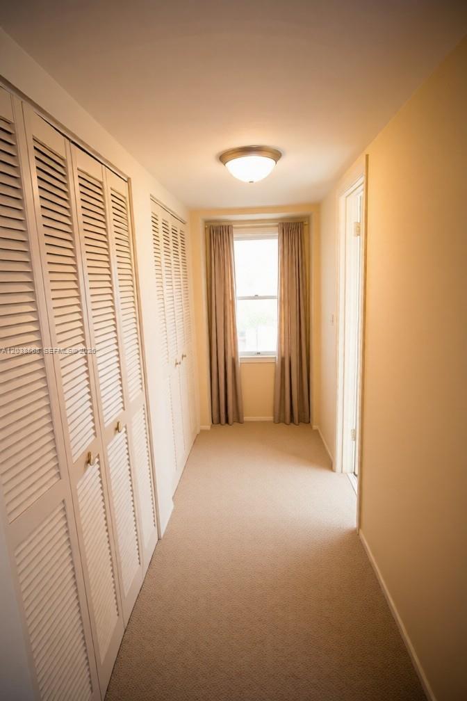 A hallway with beige carpet, louvered closet doors, and a window with curtains at the end — 2828 Atlantic Ave # 0, Daytona FL 32118, DAYTONA, FL
