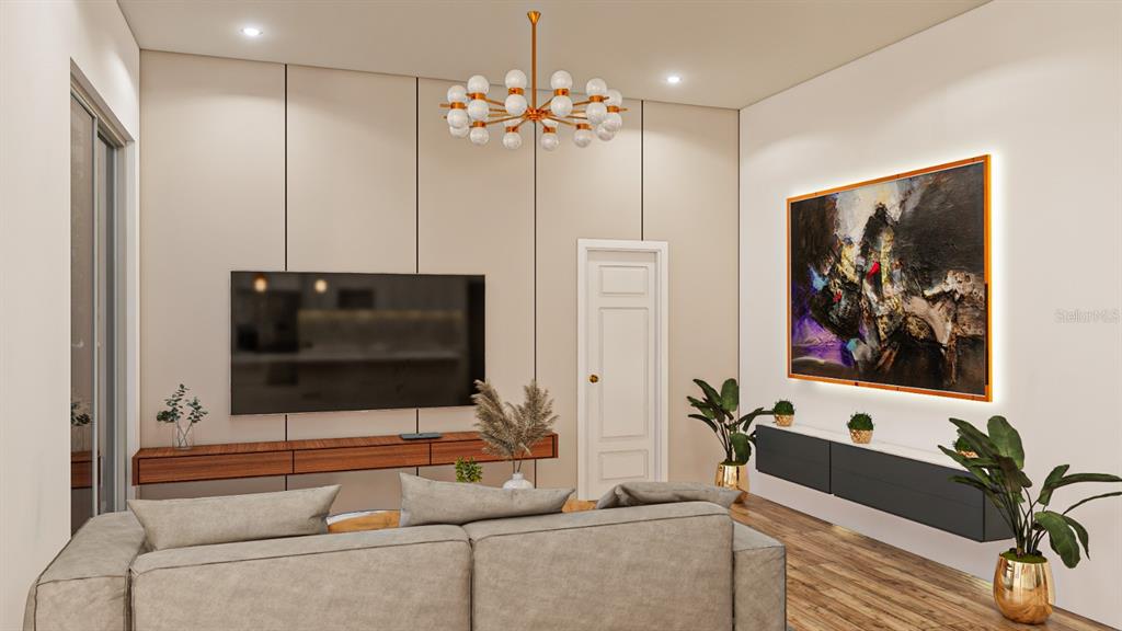 This rendering shows a modern living room with a wall-mounted television, chandelier, and artwork — 2917 22ND STREET W, LEHIGH ACRES, FL