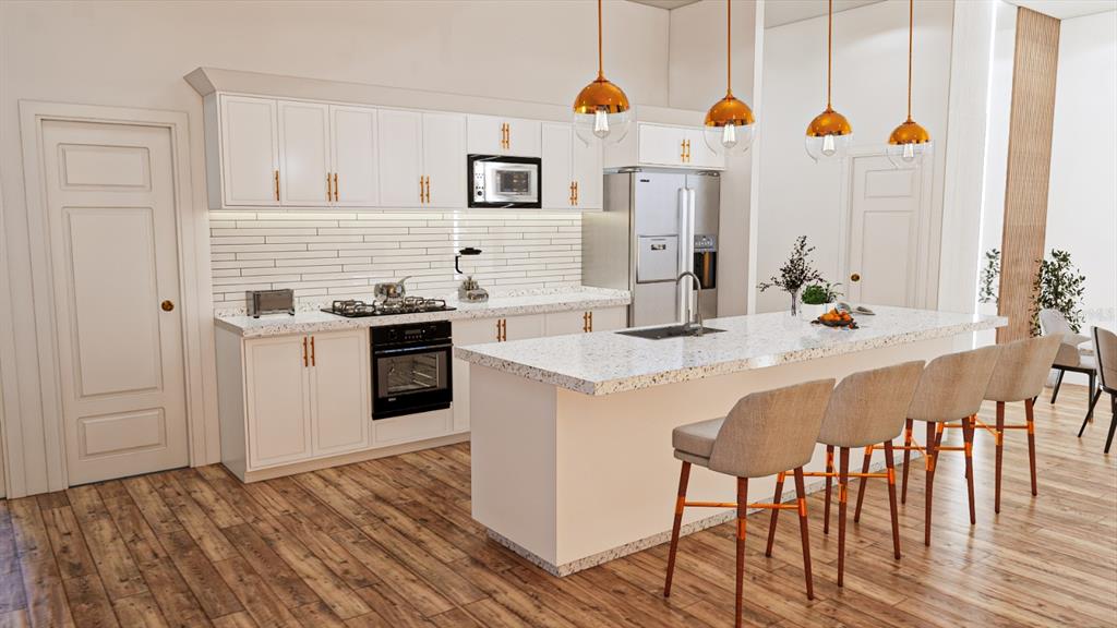 This is a rendering of a modern kitchen featuring white cabinetry, a speckled island, and stools — 2917 22ND STREET W, LEHIGH ACRES, FL