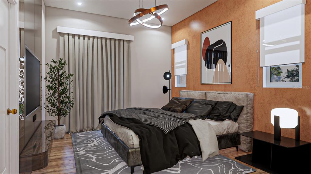 This is a rendering of a modern bedroom with a textured orange wall and platform bed — 2917 22ND STREET W, LEHIGH ACRES, FL