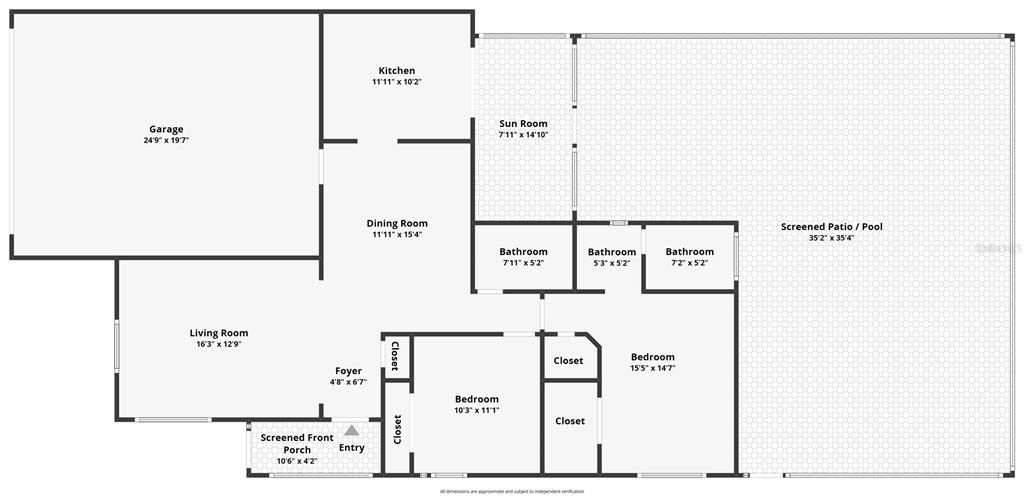 This floor plan shows a house with a garage, living areas, three bedrooms, and a pool — 3285 SMOKE SIGNAL CIRCLE, KISSIMMEE, FL