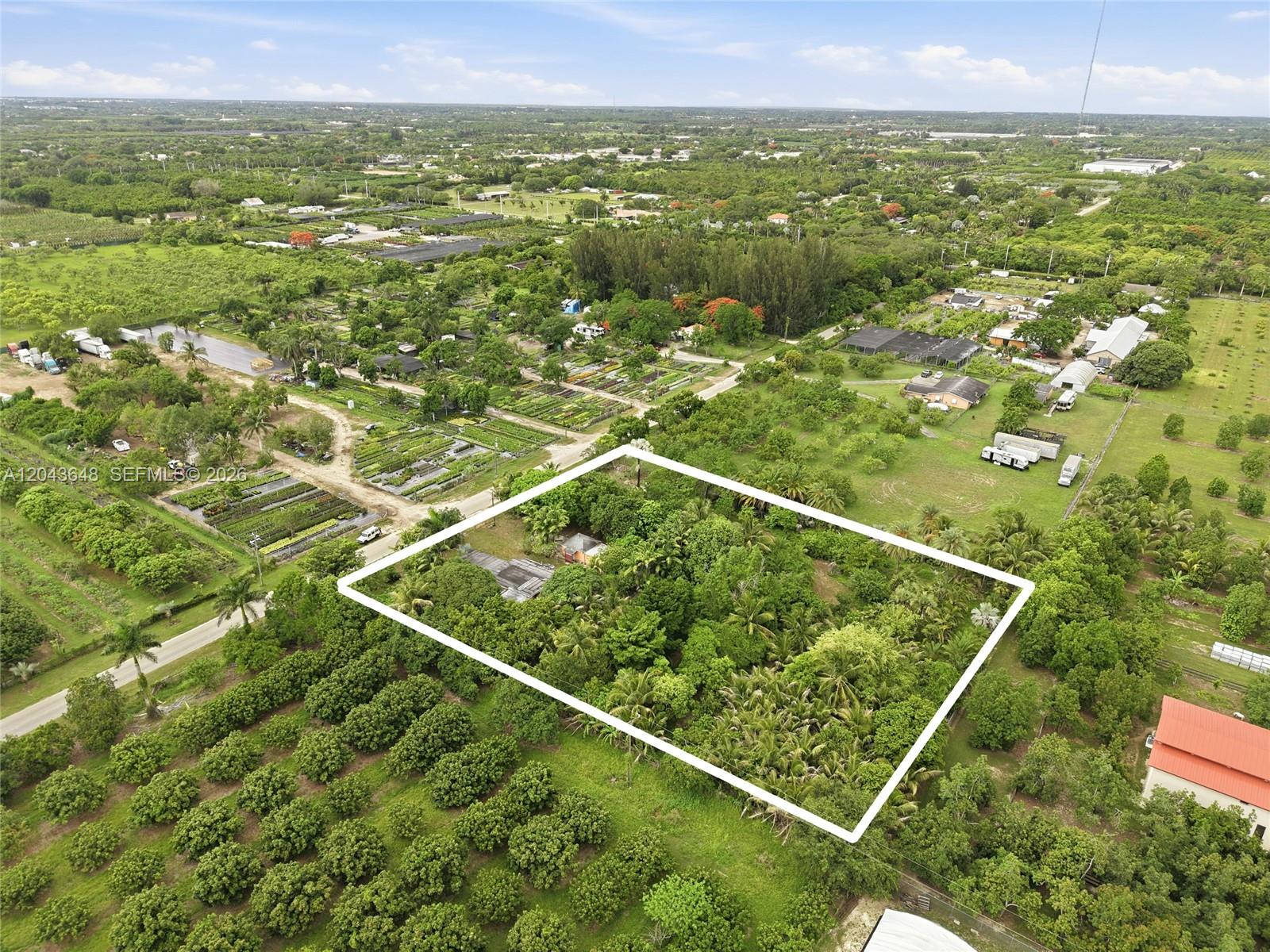 An aerial view shows a rectangular property lot densely covered with trees and vegetation — 15401 SW 240th St, Homestead FL 33032, HOMESTEAD, FL