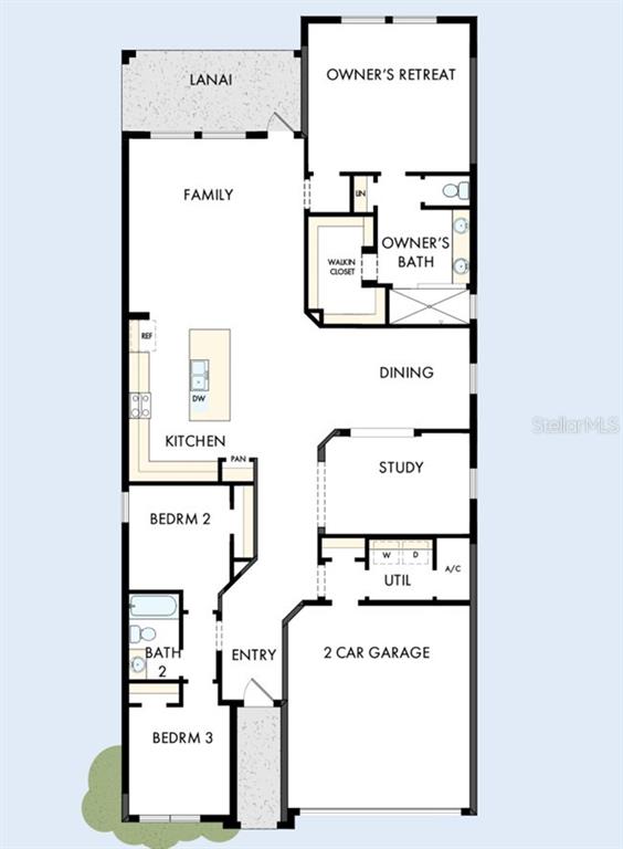 This is a floor plan for a single-story home featuring three bedrooms, a two-car garage, and a lanai — 5188 CREEK SAND DRIVE, APOLLO BEACH, FL
