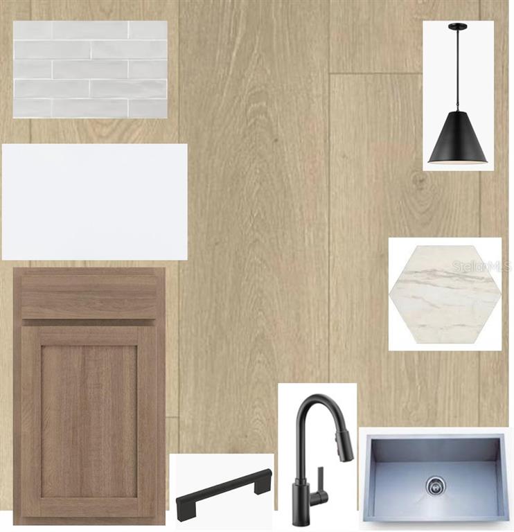 This design board displays material samples for a kitchen, including wood flooring, cabinetry, and fixtures — 5188 CREEK SAND DRIVE, APOLLO BEACH, FL