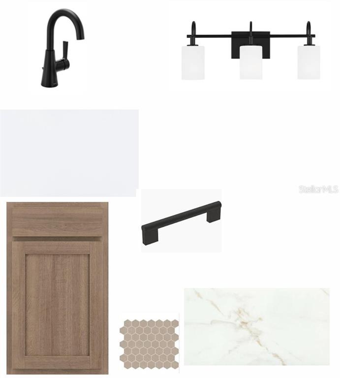 This is a digital design board showing bathroom finishes including cabinetry, hardware, lighting, and tile — 5188 CREEK SAND DRIVE, APOLLO BEACH, FL