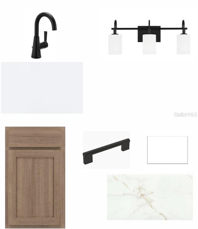 This is a digital design board featuring a bathroom vanity cabinet, countertop, faucet, and lighting — 5188 CREEK SAND DRIVE, APOLLO BEACH, FL