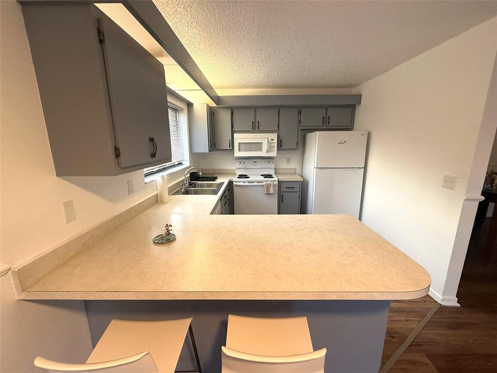 A kitchen features gray cabinets, white appliances, and a beige laminate breakfast bar — 1406 PARK SHORE CIRCLE UNIT 3, FORT MYERS, FL