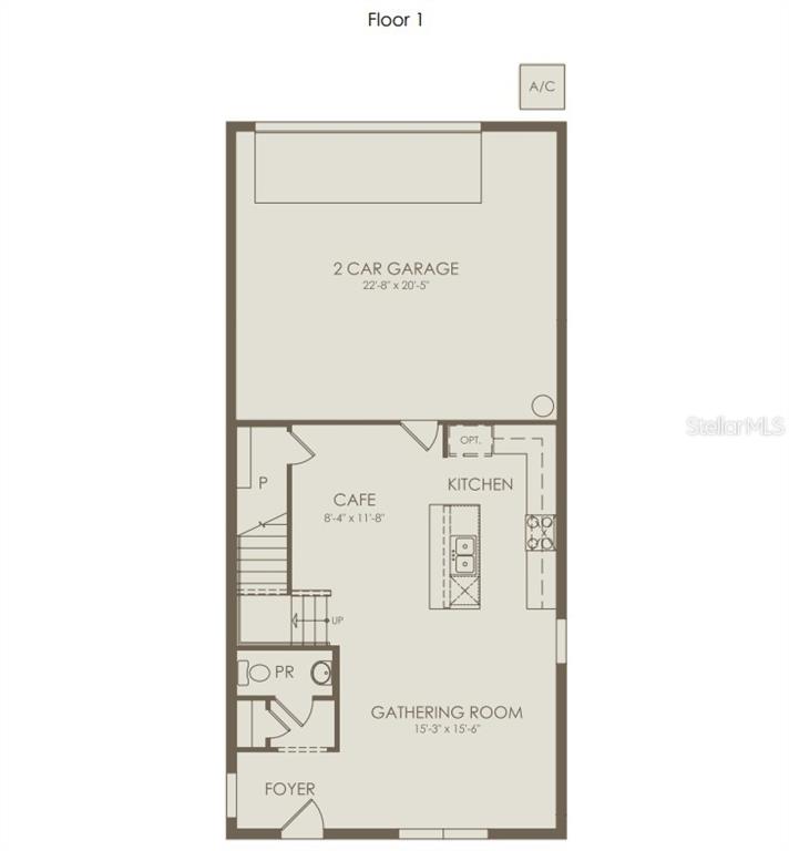 This floor plan shows a first-floor layout featuring a two-car garage, kitchen, cafe, and gathering room — 6834 CREEK FALLS ALLEY, CLERMONT, FL