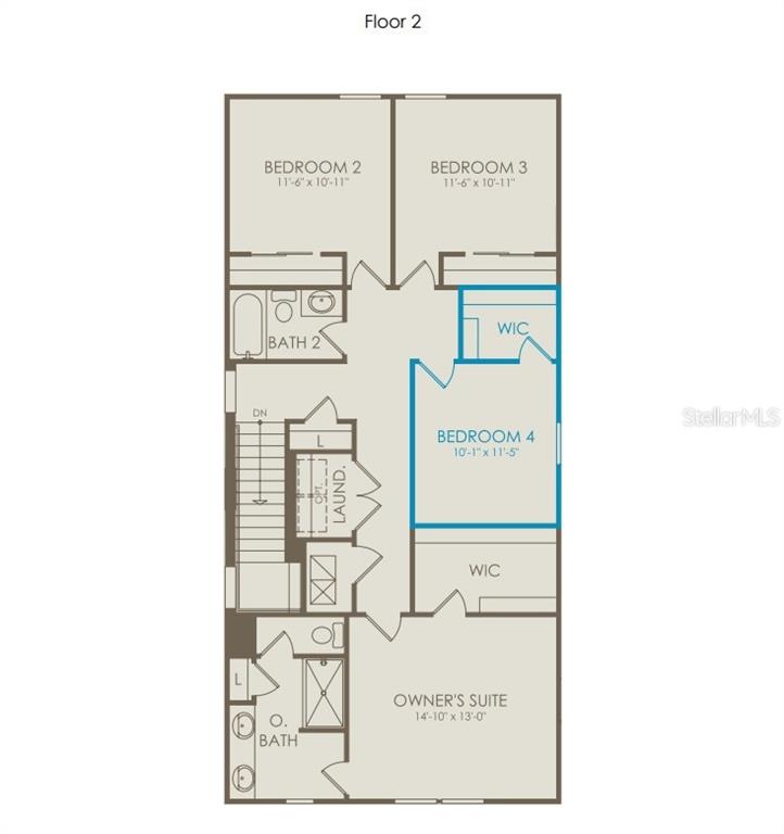 This floor plan shows the second level of a home featuring four bedrooms and two bathrooms — 6834 CREEK FALLS ALLEY, CLERMONT, FL