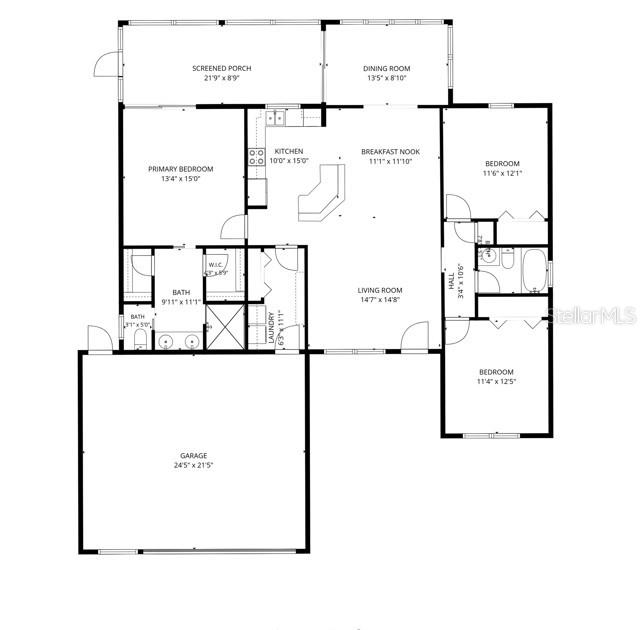 This is a floor plan showing a house with a garage, three bedrooms, and a porch — 6225 AMARYLLIS DRIVE, INDIAN LAKE ESTATES, FL