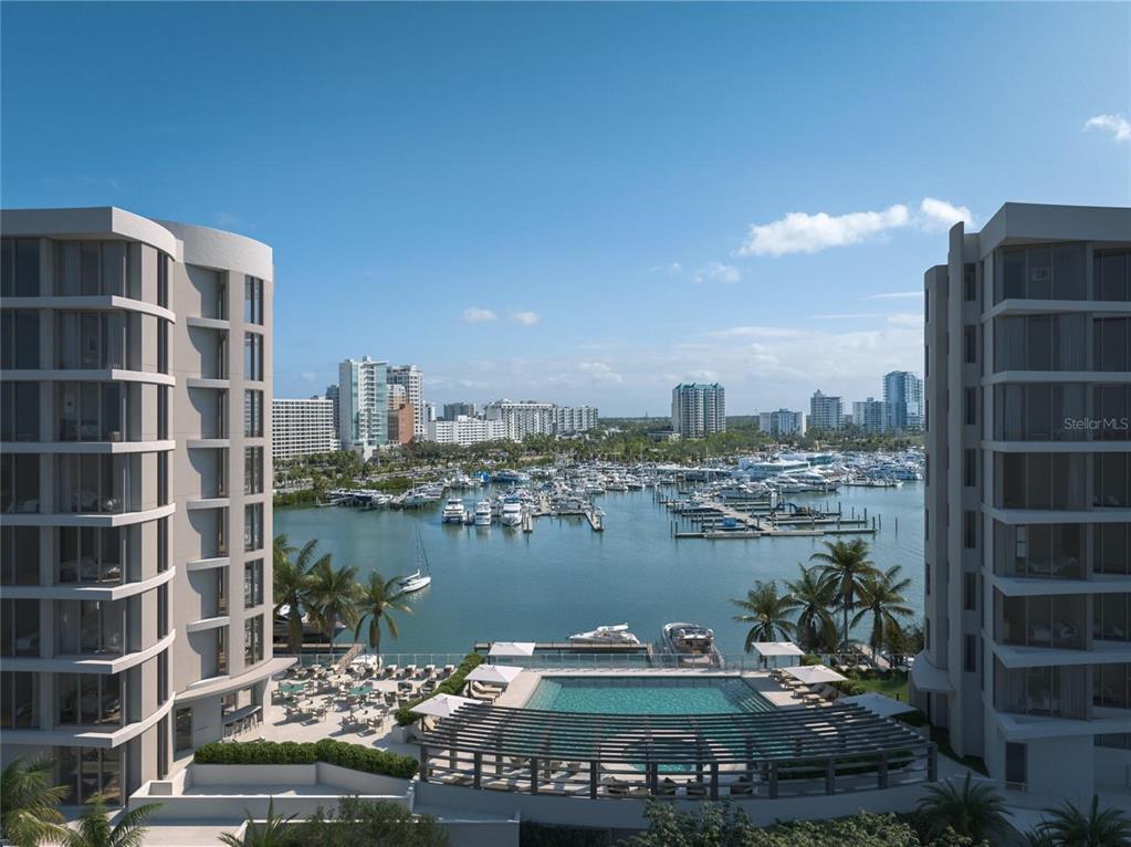 This rendering shows a swimming pool situated between two modern high-rise buildings overlooking a marina — 550 GOLDEN GATE POINT UNIT 201, SARASOTA, FL