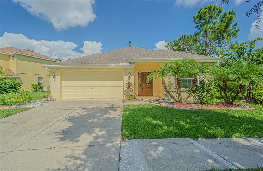 A single-story yellow house with a two-car garage, a front lawn, and palm trees — 20520 SULTANA COURT, TAMPA, FL