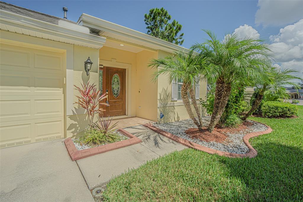 A light yellow house exterior features a wooden front door, a garage, and palm trees — 20520 SULTANA COURT, TAMPA, FL