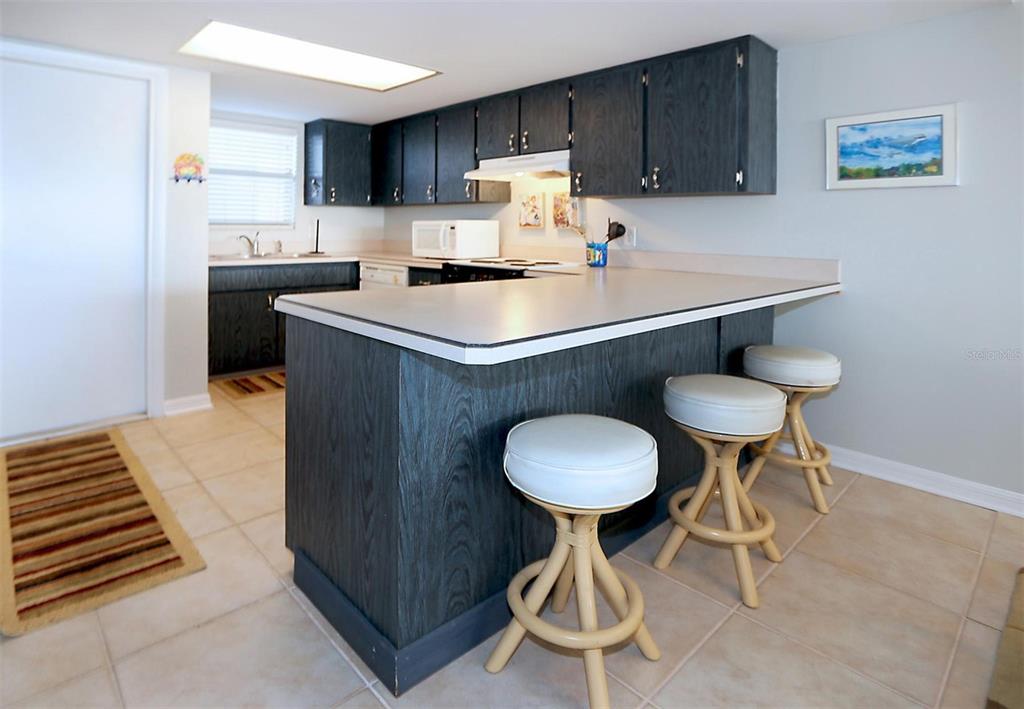 A kitchen features dark wood cabinets, a breakfast bar with three stools, and tile flooring — 1571 S ATLANTIC AVENUE UNIT 103, NEW SMYRNA BEACH, FL