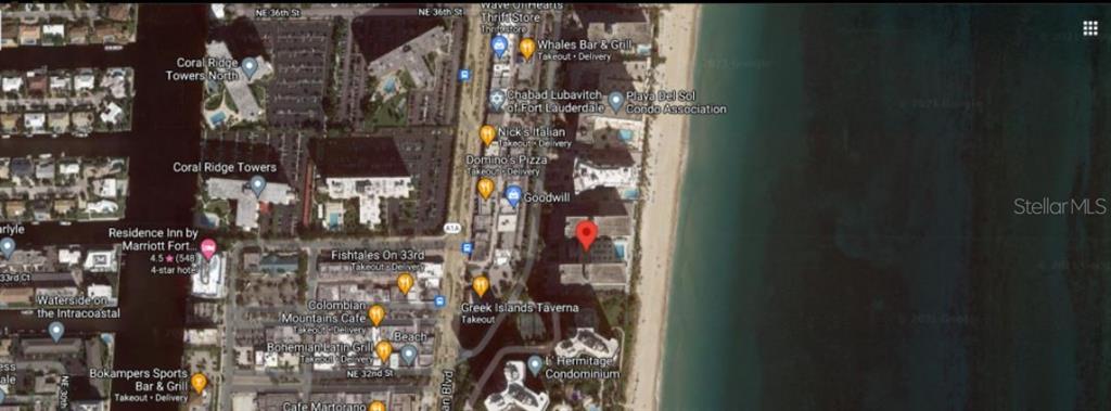 This is an aerial map view of a coastal neighborhood in Fort Lauderdale, Florida — 3410 GALT OCEAN DRIVE UNIT 1406N, FORT LAUDERDALE, FL