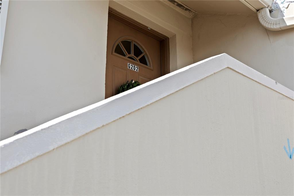A tan exterior door labeled G202 is positioned at the top of a concrete staircase — 2453 KINGFISHER LANE UNIT G202, CLEARWATER, FL