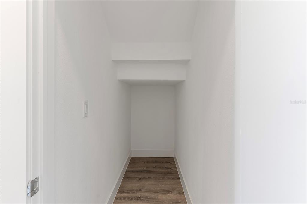 A narrow, empty closet features white walls and wood-look flooring — 8458 MODANO PLACE, TAMPA, FL