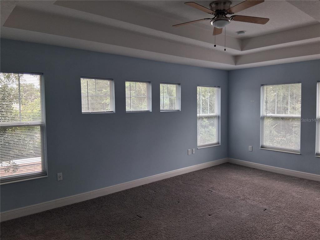 A bedroom with blue walls, carpeted flooring, a tray ceiling, and multiple windows with blinds — 2736 S 3RD AVENUE S, ST PETERSBURG, FL