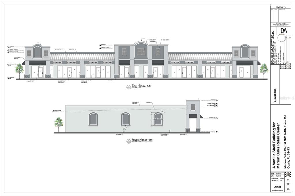This architectural rendering shows the east and south exterior elevations of a retail building — 216 SW MARION OAKS BOULEVARD SW UNIT 8, OCALA, FL