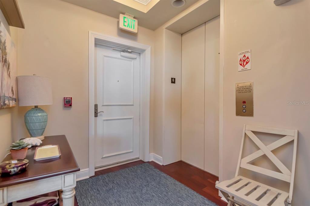 A hallway features a white door, an elevator, a small table, and a white chair — 5823 BOWEN DANIEL DRIVE UNIT 604, TAMPA, FL