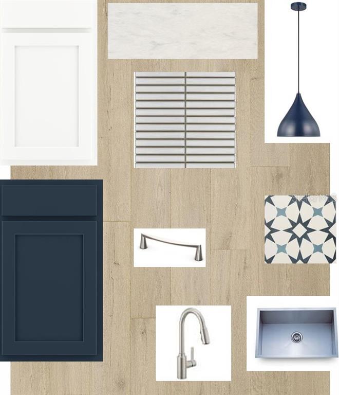 This is a digital design board showing kitchen cabinet, countertop, flooring, and fixture material samples — 12730 DRIFTWOOD TIDE DRIVE, PALMETTO, FL