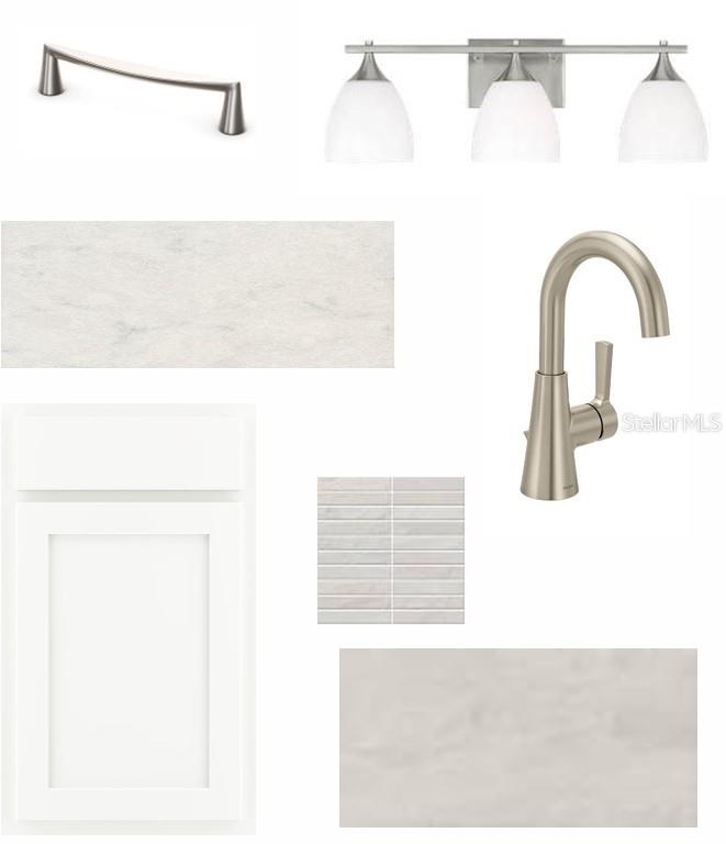This image is a design board showing white cabinetry, brushed nickel hardware, and neutral tile finishes — 12730 DRIFTWOOD TIDE DRIVE, PALMETTO, FL