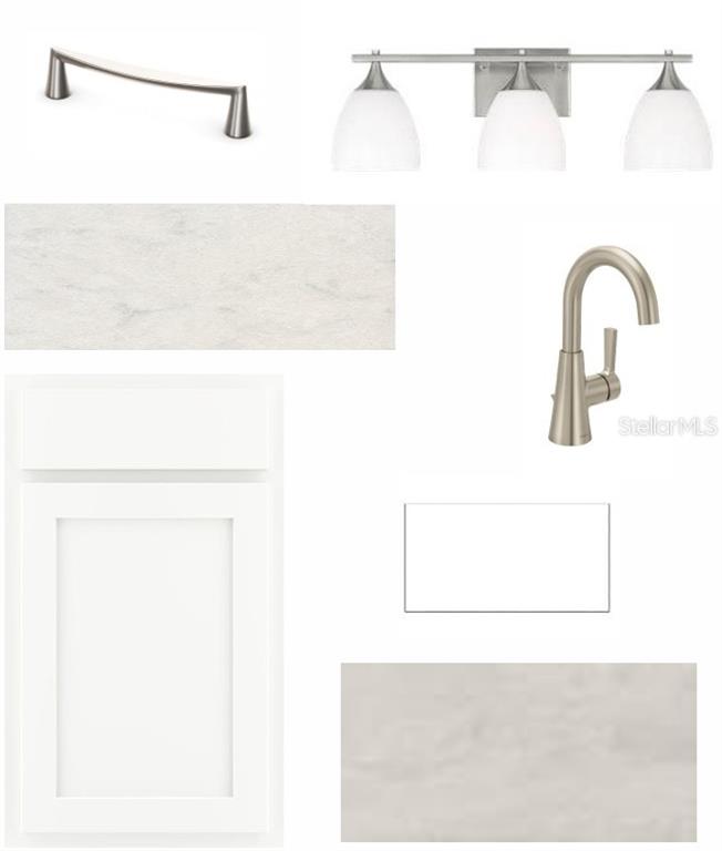 This design board displays finishes including white cabinetry, brushed nickel hardware, and marble-look countertops — 12730 DRIFTWOOD TIDE DRIVE, PALMETTO, FL