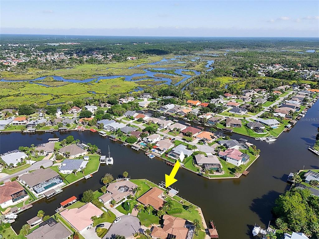 An aerial view shows a waterfront residential neighborhood with a yellow arrow pointing to a house — 10 CROW COURT, PALM COAST, FL