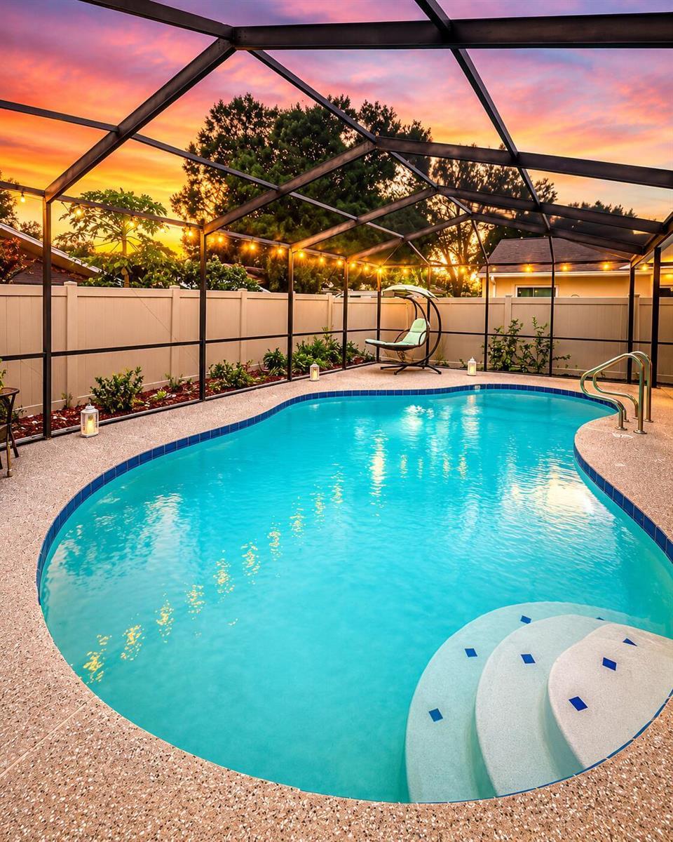 A backyard swimming pool with a screened-in enclosure and a hanging chair at sunset — 540 Sheridan Drive, Palm Harbor FL 34684, PALM HARBOR, FL