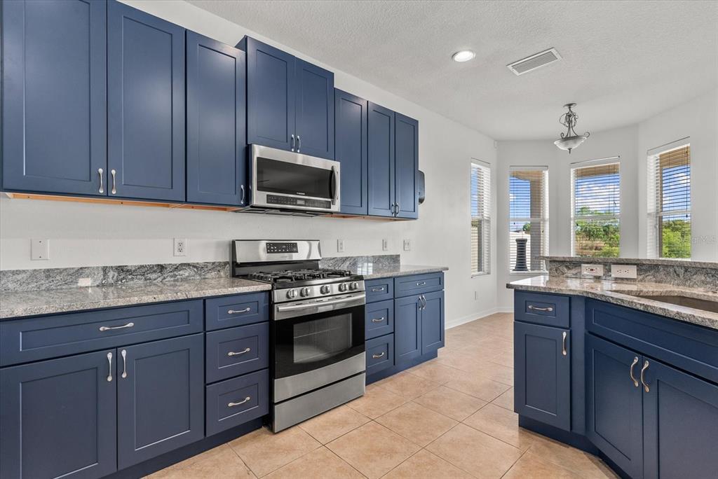 A kitchen features blue cabinets, granite countertops, stainless steel appliances, and tile flooring — 12808 HAMPTON HILL DRIVE, RIVERVIEW, FL