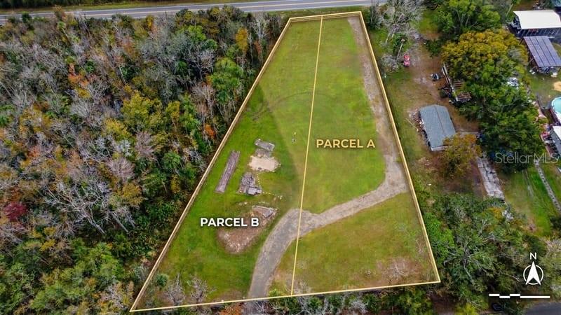 An aerial view shows two adjacent land parcels outlined in yellow on a grassy lot — 6518 OLD TAMPA HIGHWAY UNIT B, DAVENPORT, FL