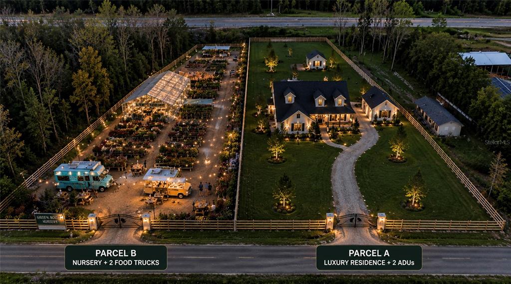 An aerial view shows two adjacent fenced parcels containing a nursery, food trucks, and residences — 6518 OLD TAMPA HIGHWAY UNIT B, DAVENPORT, FL