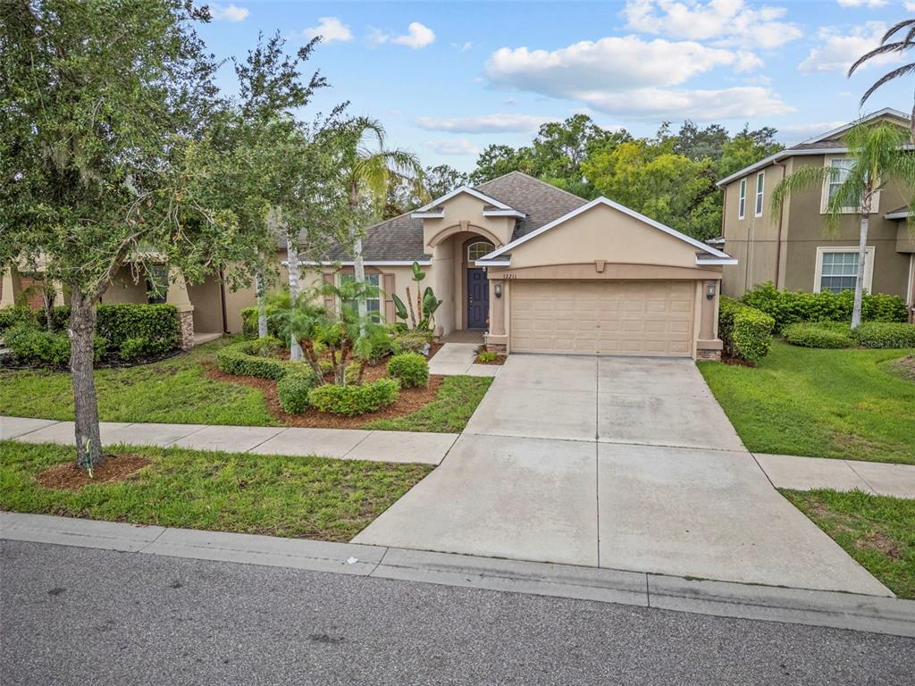 A single-story suburban house with a tan stucco exterior, a two-car garage, and landscaped yard — 12211 BALLENTRAE FOREST DRIVE, RIVERVIEW, FL