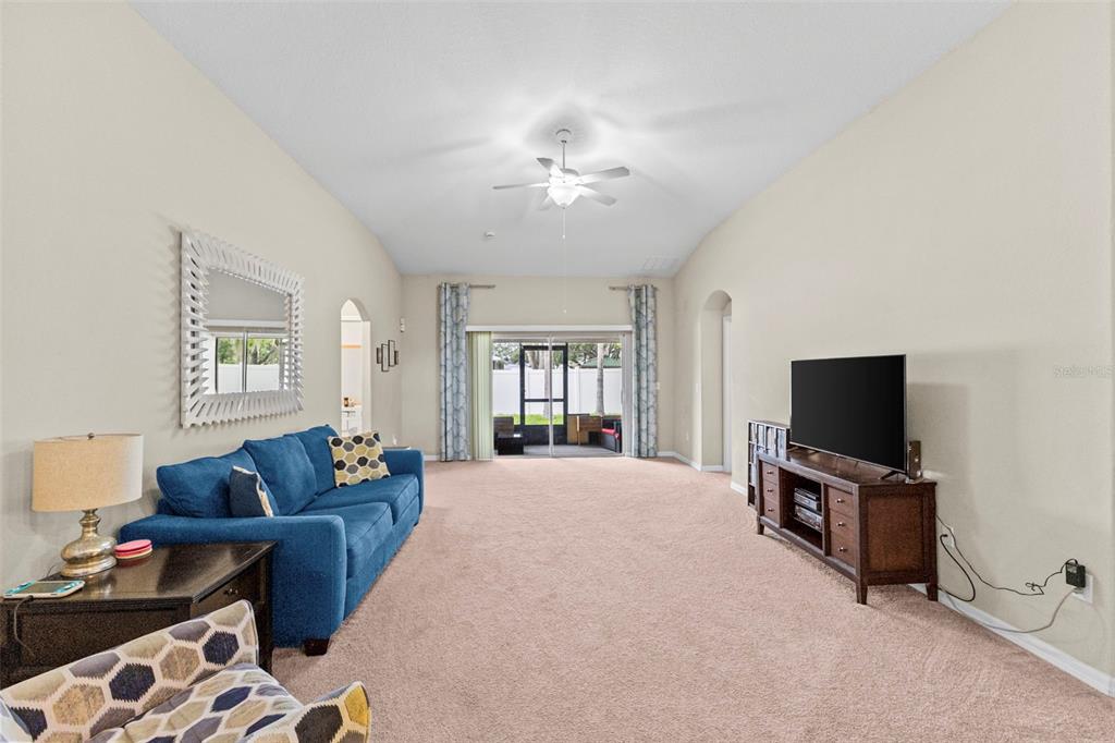 A living room features a blue sofa, a television on a wooden stand, and carpeted floors — 12211 BALLENTRAE FOREST DRIVE, RIVERVIEW, FL