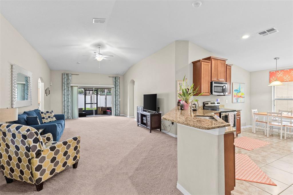 An open-concept living room and kitchen featuring carpeted floors, granite countertops, and a sliding door — 12211 BALLENTRAE FOREST DRIVE, RIVERVIEW, FL