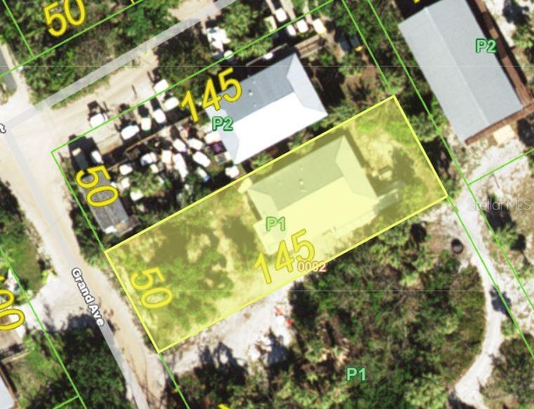 This is an aerial map view showing a rectangular property lot with a house — 8662 GRAND AVENUE, PLACIDA, FL