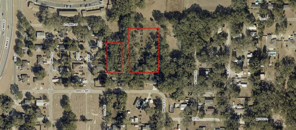 This is an aerial map showing two highlighted rectangular parcels of land among residential streets — CITY, WILDWOOD, FL