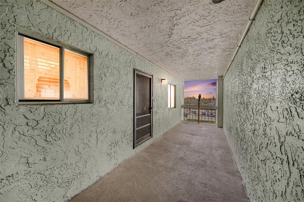 An outdoor covered balcony features textured light green walls, a screen door, and metal railings — 801 83RD AVENUE N UNIT 415, ST PETERSBURG, FL