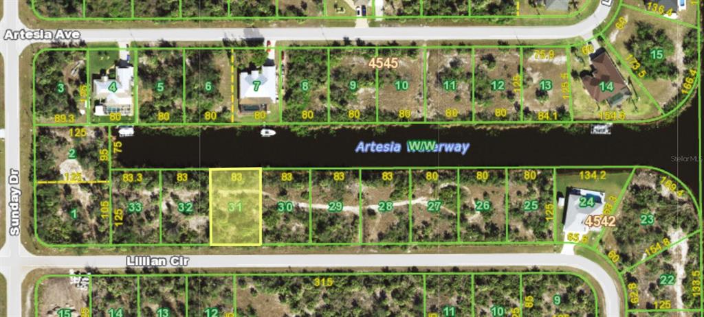 This is a map showing a highlighted residential lot along a waterway — 14822 LILLIAN CIRCLE, PORT CHARLOTTE, FL