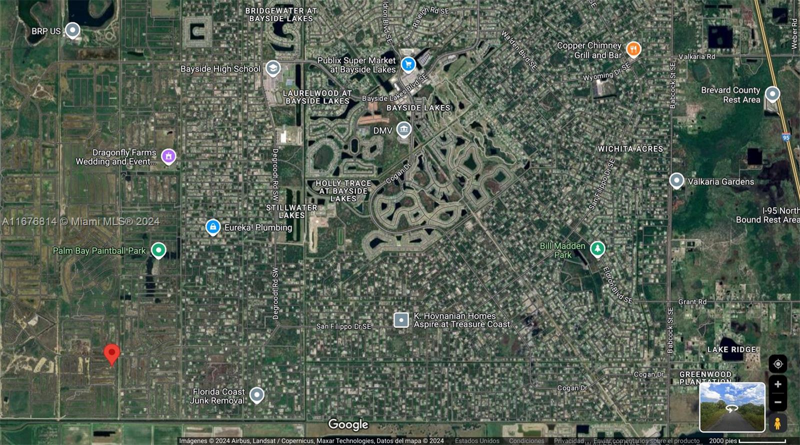 This is a satellite map view of a residential area in Palm Bay, Florida — 902 Mahoe St SW, Palm Bay FL 32908, PALM BAY, FL
