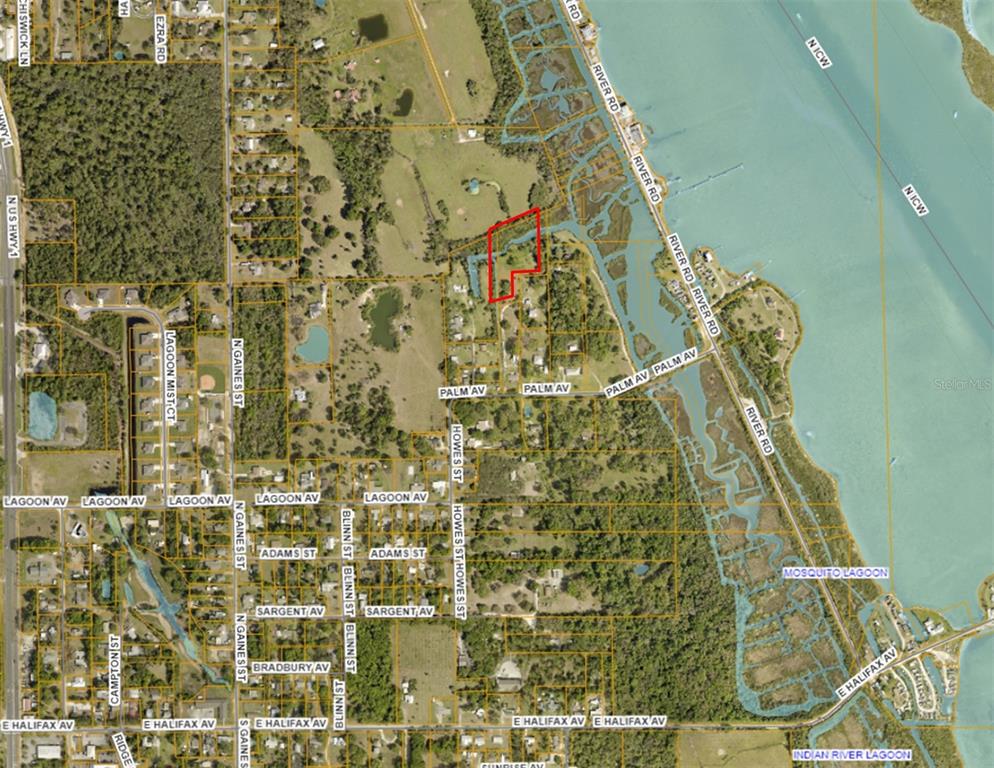 This is an aerial map showing a highlighted property parcel near the Mosquito Lagoon — 318 PALM AVENUE, OAK HILL, FL