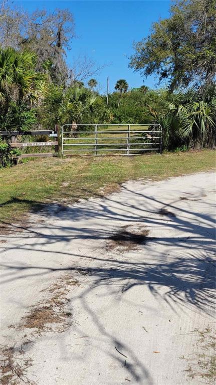 A metal gate blocks a dirt path surrounded by trees and dense vegetation — 318 PALM AVENUE, OAK HILL, FL