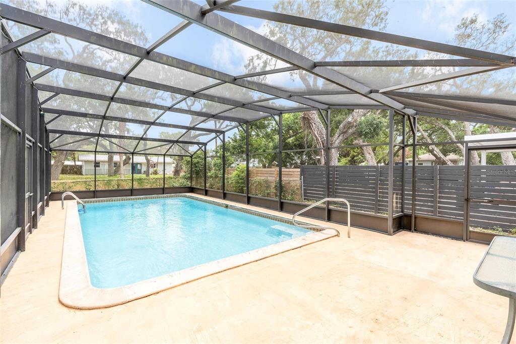 A screened-in swimming pool with a concrete deck and a dark privacy fence — 805 E 11TH AVENUE, NEW SMYRNA BEACH, FL