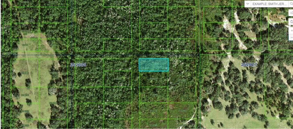 This is a map showing a highlighted rectangular plot of land surrounded by wooded areas — COMMONWEALTH AVE N, POLK CITY, FL