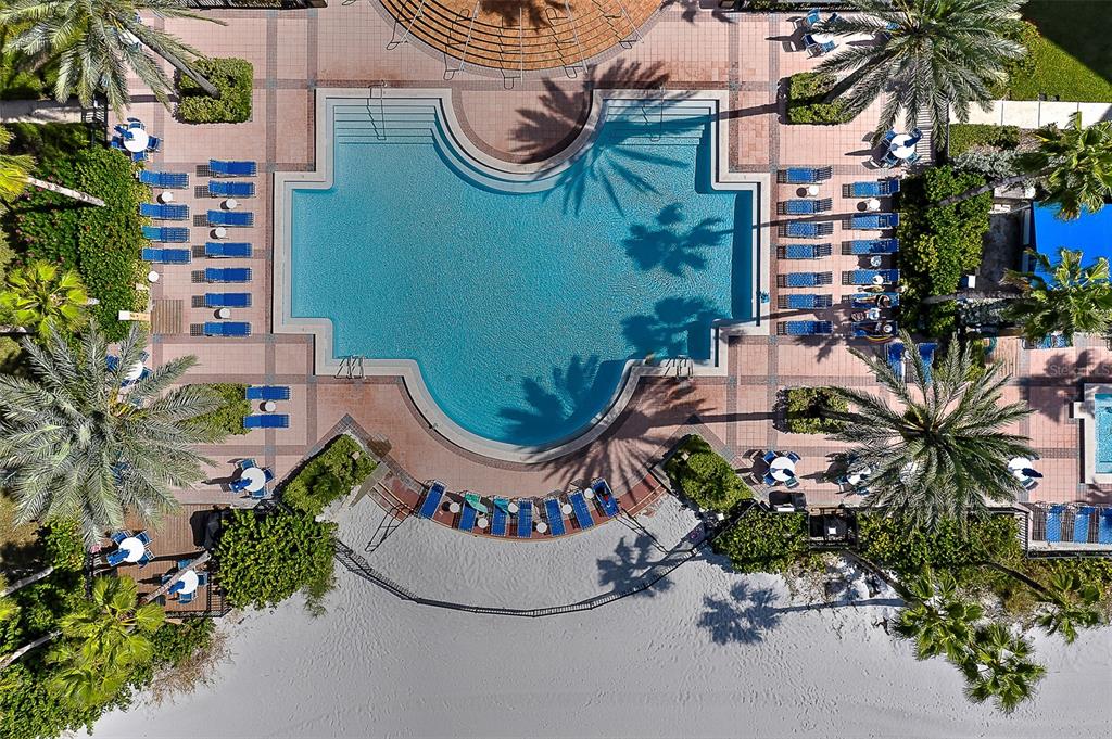 An aerial view of a resort-style swimming pool surrounded by lounge chairs and palm trees — 16550 GULF BOULEVARD UNIT 643, NORTH REDINGTON BEACH, FL